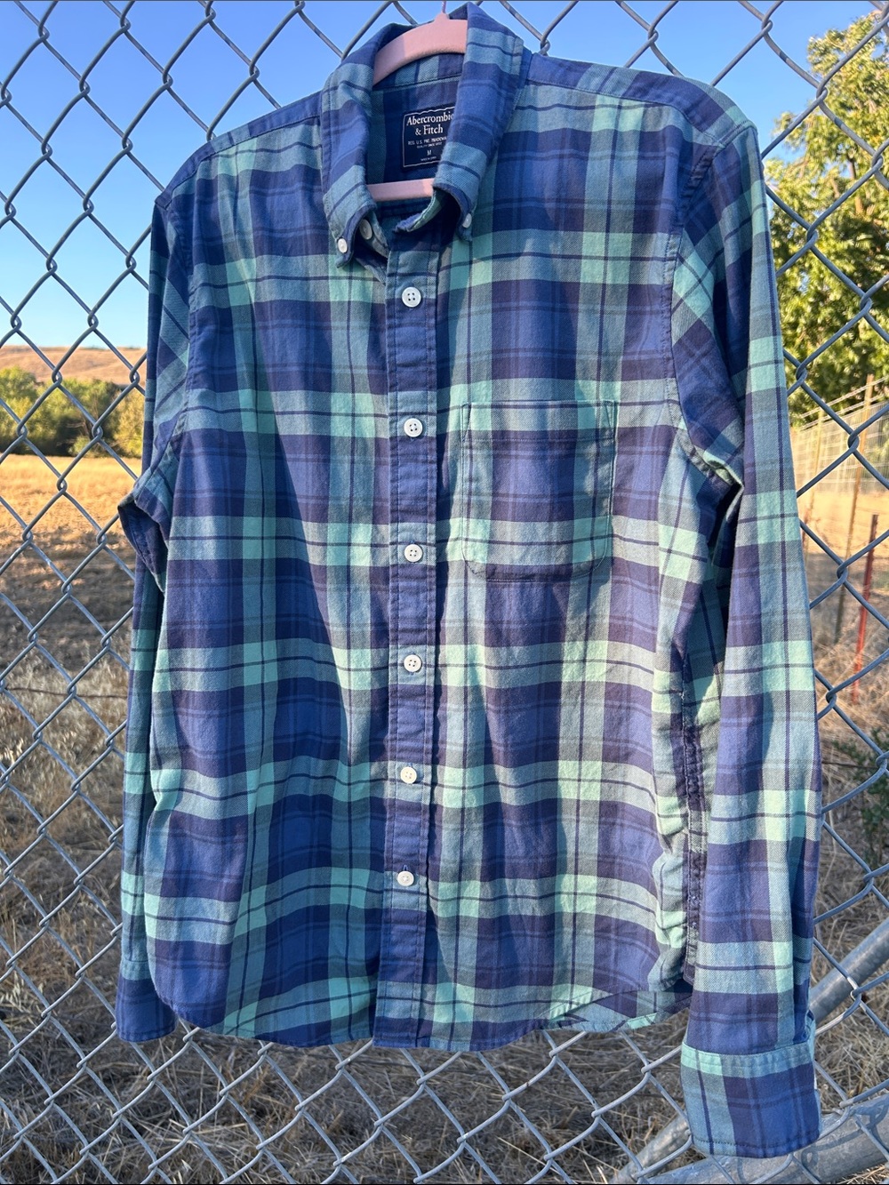 Abercrombie & Fitch Navy and Mint Green Plaid Button-Down Shirt